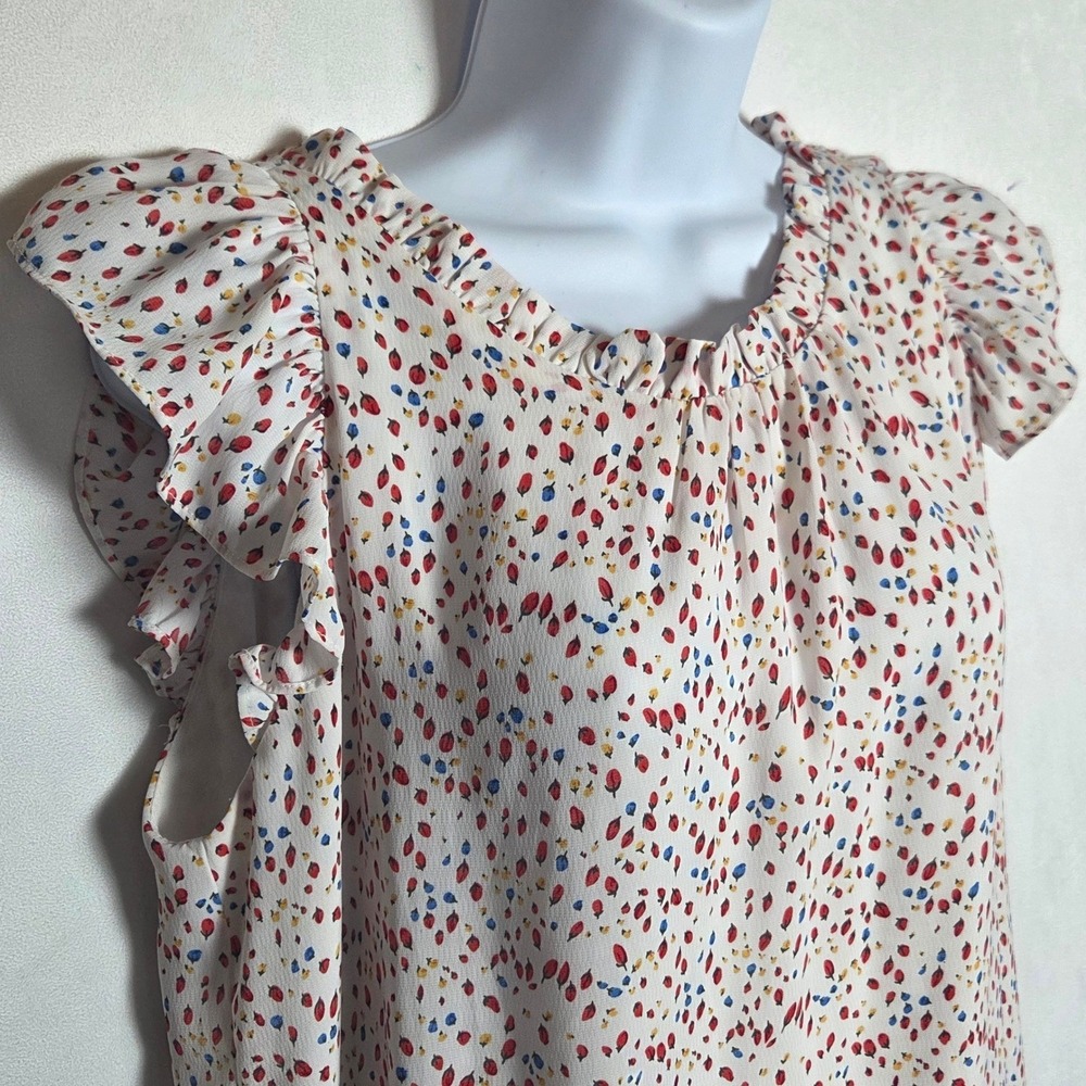 Kori White Floral Berry Print Sheer Ruffle Neck Flutter Cap Sleeve Blouse Medium